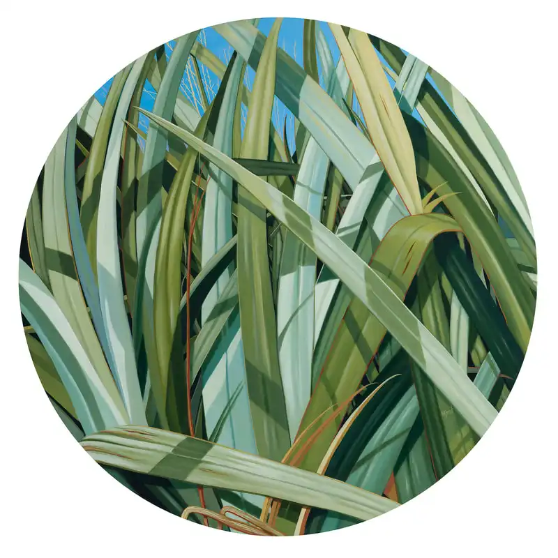 Harakeke Porthole $1795 acrylic on canvas 70cms diameter.(Award winner Forest and Bird 2021) at Little River Gallery SOLD but prints up to 20 hand signed are available