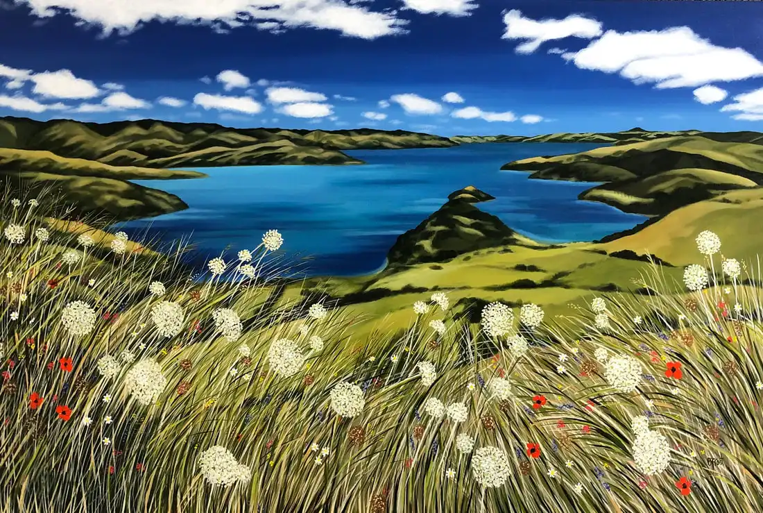 Summer from the Summit (Banks Peninsula) acrylic on canvas 90x60cms available from Little River gallery