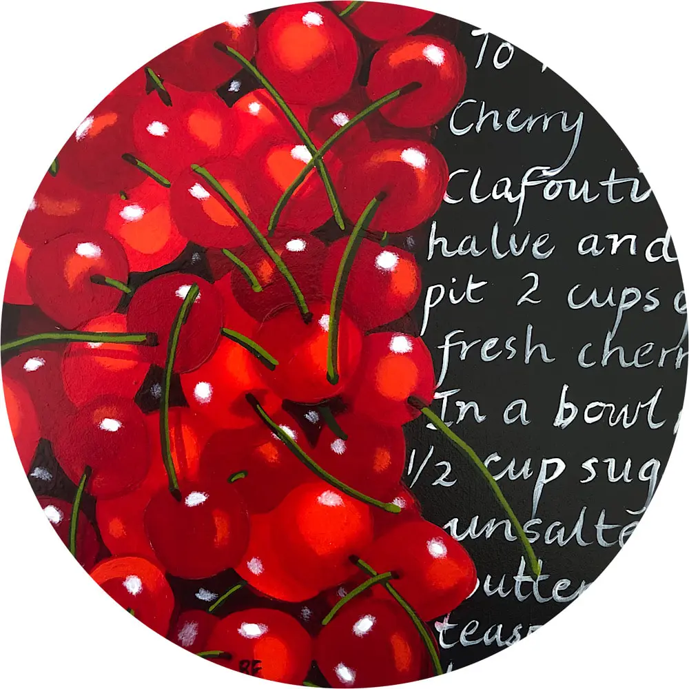 Cherry Clafouti acrylic round 25cms diameter available from Gallery de Novo $390