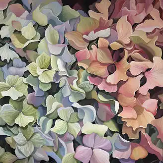 A photo of a large floral painting